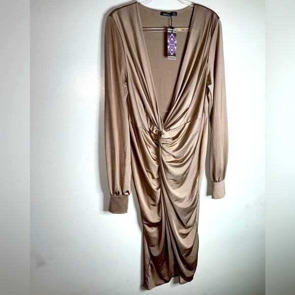 Boohoo Sexy Tan Dress Size 12 Bodycon Classy Date Midi Party Ruched Travel party - Picture 4 of 6